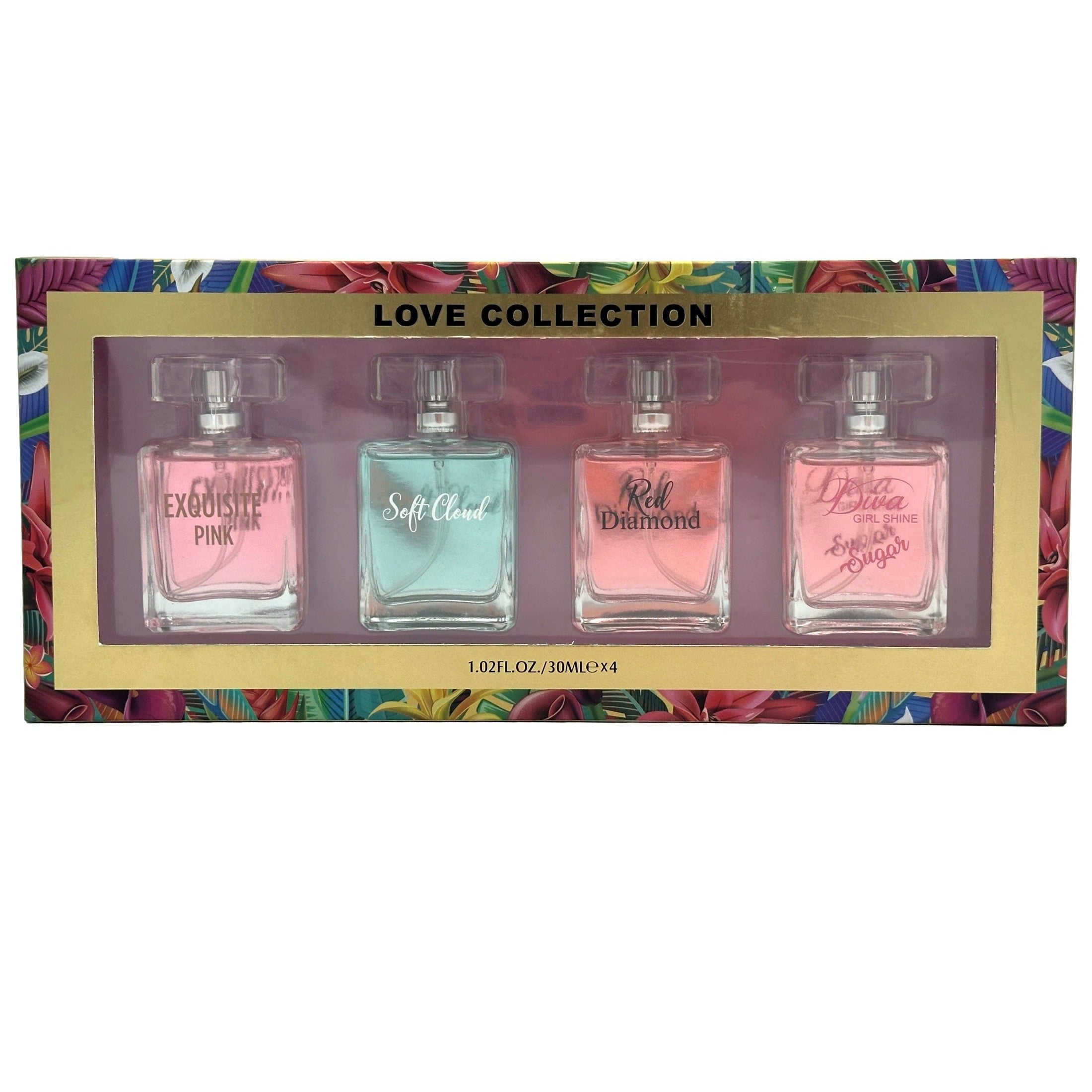 Boxed set of four perfume bottles, "Love Collection," with pink, light blue, and light red liquids.
